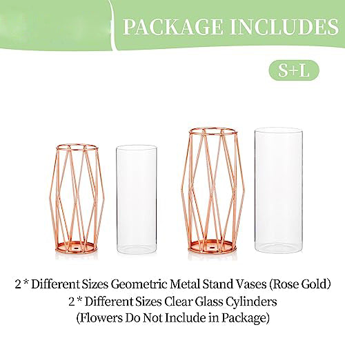 2Pcs/ Set Vase For Pampas Grass, Glass Rose Gold Vase High Bottom With Geometric Metal Frame Stand