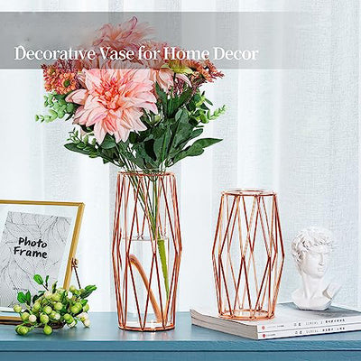 2Pcs/ Set Vase For Pampas Grass, Glass Rose Gold Vase High Bottom With Geometric Metal Frame Stand