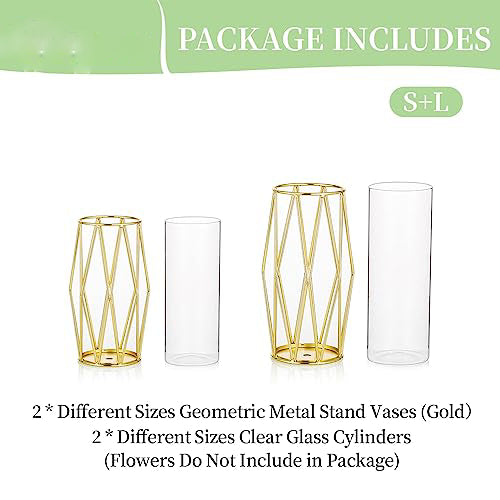 2Pcs/Set Vase For Pampas Grass, Glass Gold Vase High Bottom Vase With Geometric Metal Frame Stand