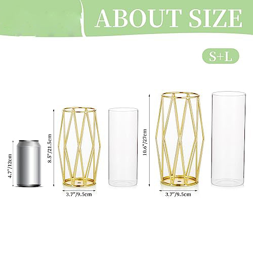 2Pcs/Set Vase For Pampas Grass, Glass Gold Vase High Bottom Vase With Geometric Metal Frame Stand