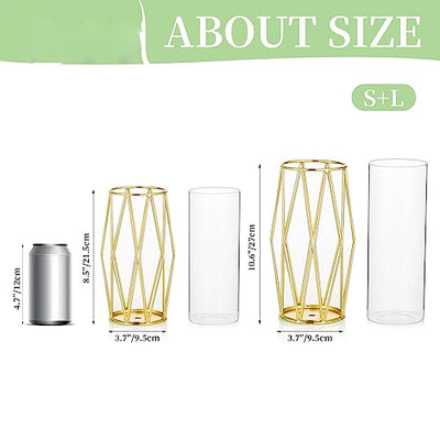 2Pcs/Set Vase For Pampas Grass, Glass Gold Vase High Bottom Vase With Geometric Metal Frame Stand