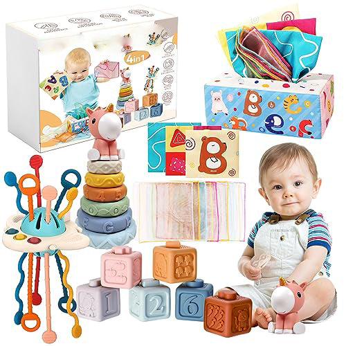 4 in 1 baby toys 6 months - 3 years, stacking tower, UFO silicone pull cord toy, tissue box, sensory toy baby