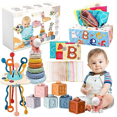 4 in 1 baby toys 6 months - 3 years, stacking tower, UFO silicone pull cord toy, tissue box, sensory toy baby