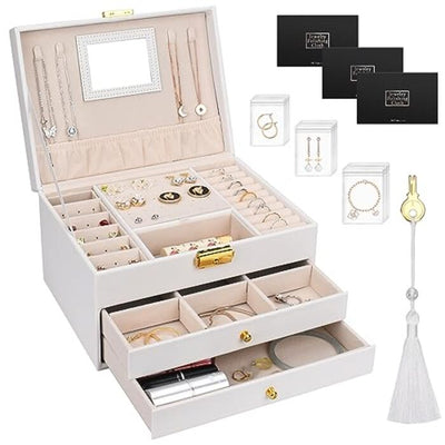 Jewelry box with 3 levels, 2 drawers jewelry box PU leather jewelry storage, jewelry organizer for rings, earrings, necklaces and watches