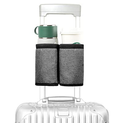 Travel Drink Holder Holds Two Coffee Cups Fits Most Suitcase Handles, Practical Travel Accessories for Travelers, Flight Attendants, Grey