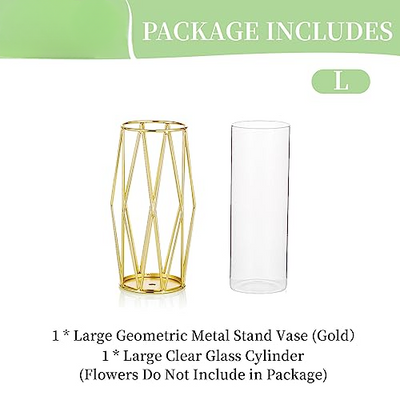 Vase For Pampas Grass, Glass Gold Vase High Floor Vase With Geometric Metal Frame Stand