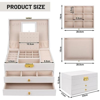 Jewelry box with 3 levels, 2 drawers jewelry box PU leather jewelry storage, jewelry organizer for rings, earrings, necklaces and watches