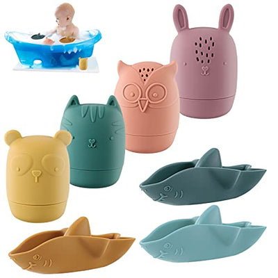 Lot de 7 jouets de baignoire, jouets de bain bébé en silicone animaux de bain baignoire baleine jouets d'eau animaux d'arrosage