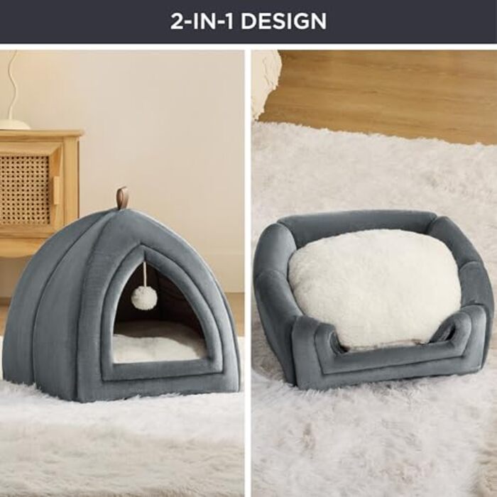 Grotte pour Chats Gros Chats - Lit Pliable pour Chat avec Oreillers Lavables, Tente pour Chat pour Chatons Petits et Moyens Animaux, Maison pour Chat Douce et Chaude pour l'intérieur, 38x38x38cm