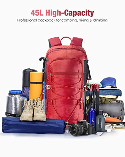 Hiking Backpack 45L, Waterproof Backpack Trekking Backpack Travel Backpack, Outdoor Backpack with Reflective Stripes For Hiking, Cycling, Climbing, Mountaineering and Travel Sports