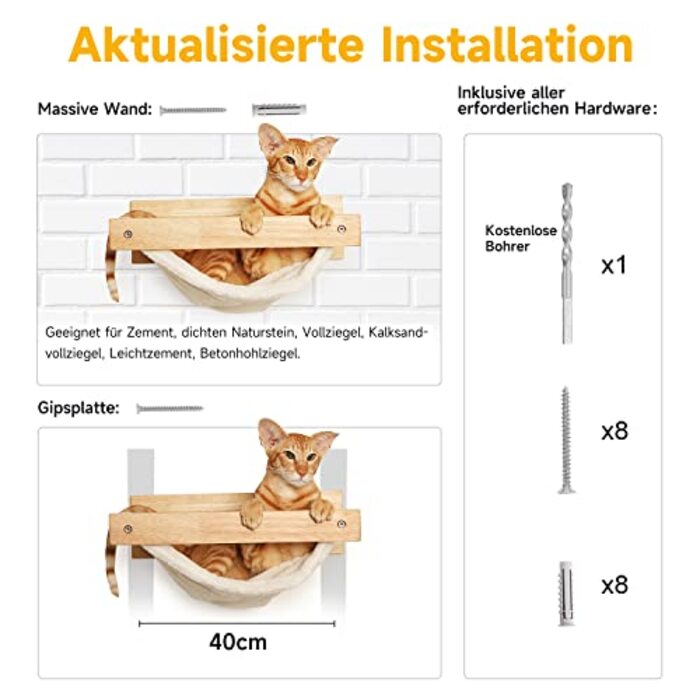 Cat hammock wall, Large cat shelf for wall mounting, made of solid rubber wood, Modern cat bed for sleeping, playing and lounging