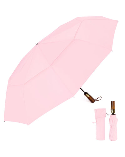 Automatic large stormproof umbrella, pocket umbrella with ventilated double canopy & wooden handle