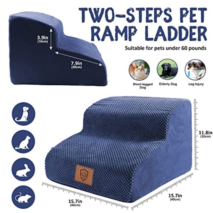 Waterproof Dog Stairs for Small Dogs Dog Stairs 2 Steps, Cat Stairs Portable Removable, High Density Sponge Dog Ramp for Sofa Beds, Washable