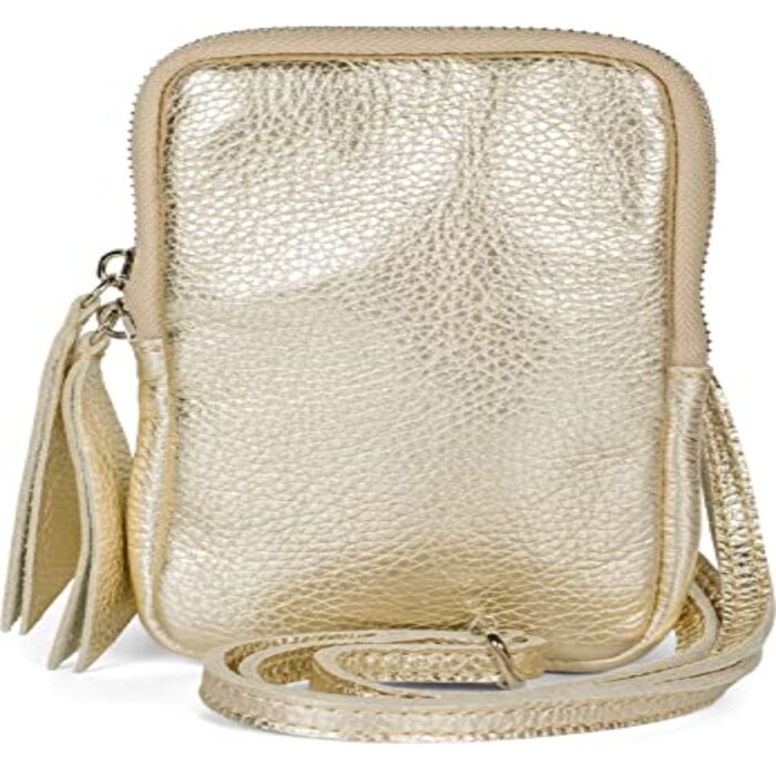 Sac à bandoulière pour téléphone portable en cuir avec surface grainée, fermeture à glissière, mini sac en cuir véritable