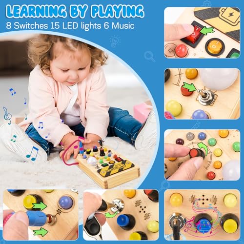 Busy Board Activity Board wooden toy with 8 switches 15 LED lights 6 music Sensory learning toy for babies