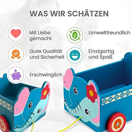 Wooden toy box elephant | 2-in-1 train car & wheeled storage box for nursery / bedroom | baby chest for kids toys, game / book organizer