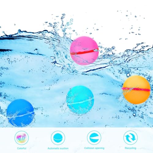 Water balloons self-closing, 4 pieces reusable water balloons bombs, water balloon set splash balls, easy and quick filling