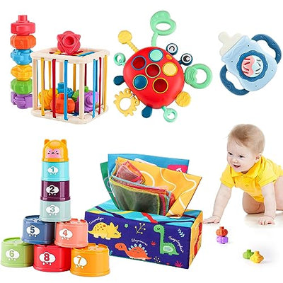 Sensory baby toy with wipe box, sorting toy, stacking toy, pull-rope toy, teething toy