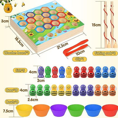 Bee Wooden Sorting Stacking Toy With Matching Cups And Tweezers Math Educational Toy