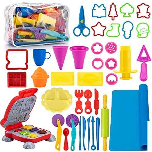 Plasticine set kneading tools for children, accessories creation breakfast burger & pasta, molds rollers rolling pin, kneading mat with storage bag