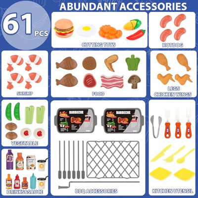 Children's BBQ Grill Toy, Kitchen Toy Set, Realistic Smoke BBQ Grill Play Set with Toy Kitchen Accessories, Cutting Toy, Sound Effects