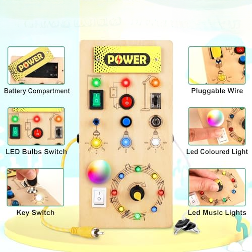 Jouet tableau d'activités, jouet interrupteur pour enfants avec 8 interrupteurs 15 LED, jouet en bois tableau d'activités, tableau d'activités musicales, jouet en bois