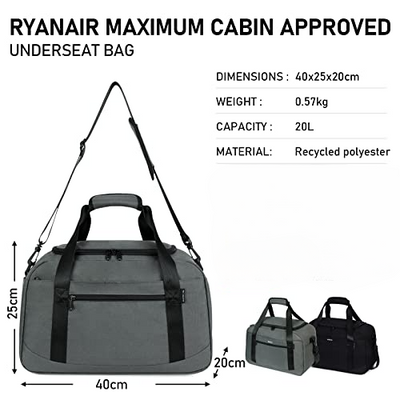 Hand Luggage 40 x 20 x 25 cm for Ryanair Travel Bag for Aeroplane Under Seat Hand Luggage Suitcase PET Recycled Environmentally Friendly Travel Bag Weekender Bag, grey