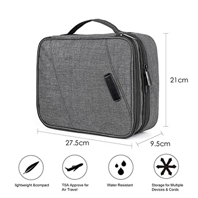 Cable Bags, Double Layer Electronic Bag Travel for Cable, Charger, Ipad, Ipad Air, Tablet up to 10.5 Inch, Adapter, Mouse, SD Cards (Gray)