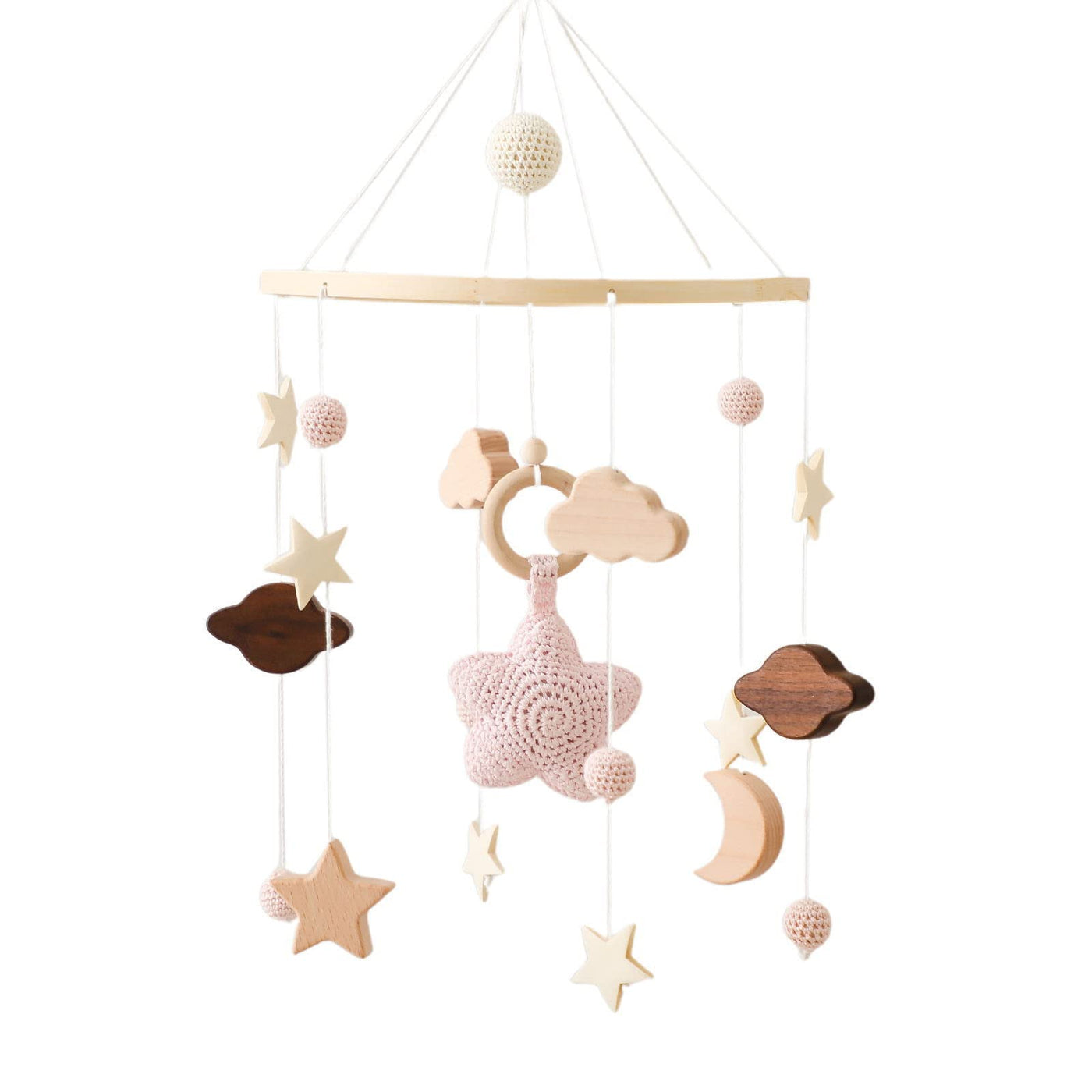 Baby-Mobile aus Holz mit Filzkugeln und Wolken-Ornament 