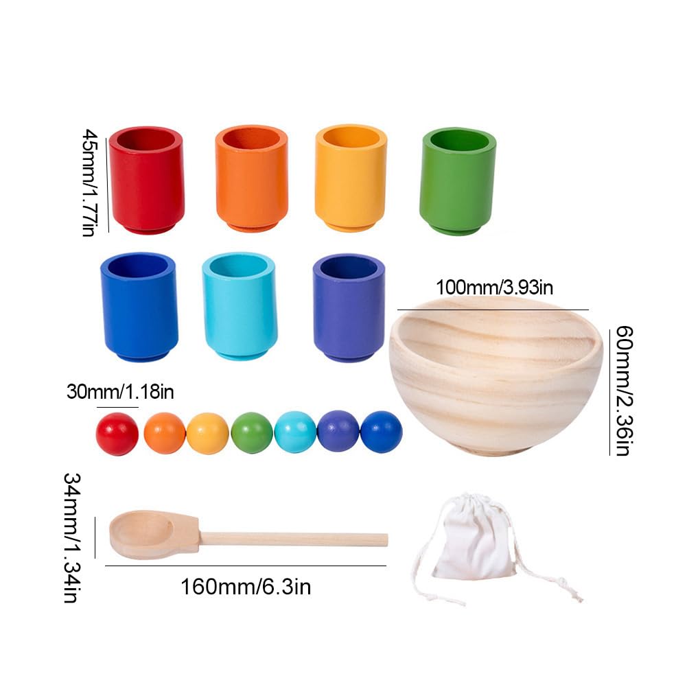 Wooden sorting stacking toy, 7 wooden balls in cups, baby toy for preschool for color sorting and counting