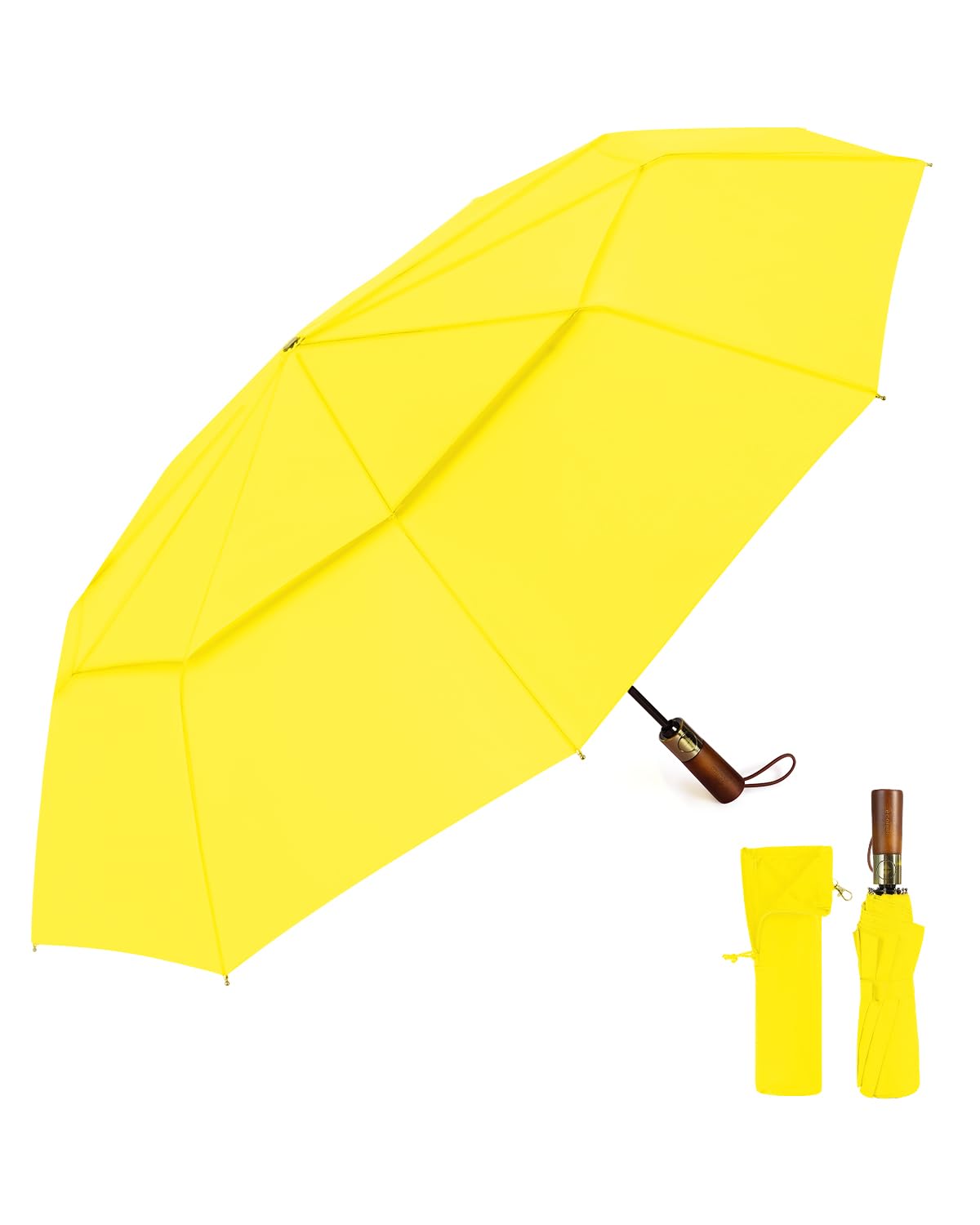 Automatic large stormproof umbrella, pocket umbrella with ventilated double canopy & wooden handle