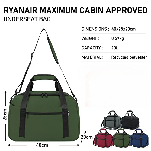 Hand Luggage 40 x 20 x 25 cm for Ryanair Travel Bag for Aeroplane Under Seat Hand Luggage Suitcase PET Recycled Environmentally Friendly Travel Bag Weekender Bag, Green