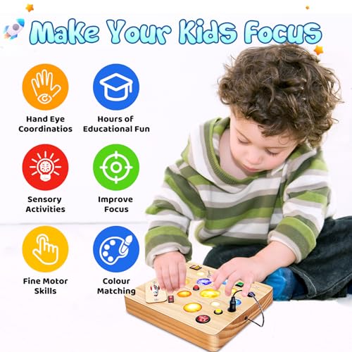 Busy Board toy, activity board wooden toy with 12 switches, 10 LED lights and toddler music motor activity toy for babies