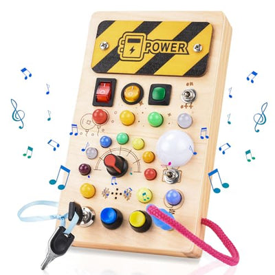 Busy Board Activity Board wooden toy with 8 switches 15 LED lights 6 music Sensory learning toy for babies