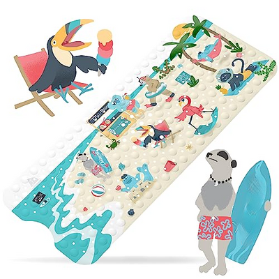 Beach party - bath mat for kids | premium anti-slip mat bath tub 100x40 cm long | cool beach design | shower mat non-slip | tested quality | BPA-free