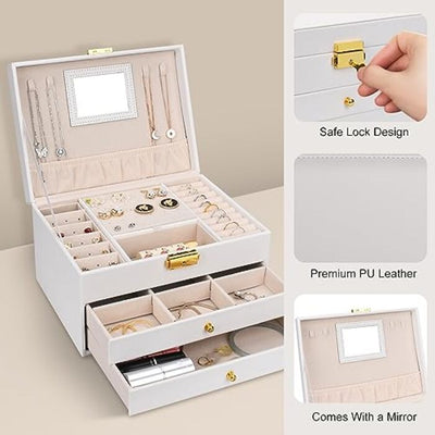 Jewelry box with 3 levels, 2 drawers jewelry box PU leather jewelry storage, jewelry organizer for rings, earrings, necklaces and watches