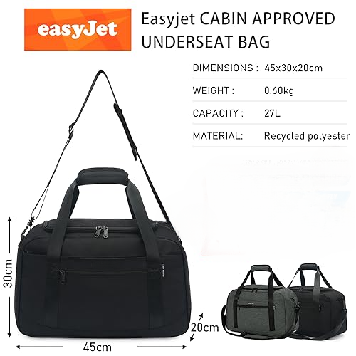 Bagage à main 45 x 36 x 20 cm pour Ryanair Sac de voyage pour l'avion Bagage à main sous le siège Valise PET recyclé Sac de voyage respectueux de l'environnement Weekender Bag, noir