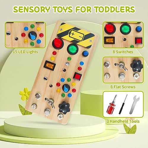 Busy Board Toy with LED Light Switch and Screwdriver Tools - Sensory Toy for Toddlers from 3 Years - Travel Activity and Educational Toy for Fine Motor Skills