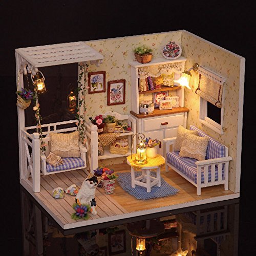 Kit Miniature Fait Main De Maison De Poupée En Bois De Bricolage-Modèle De Salon à LED, Tous Les Meubles.