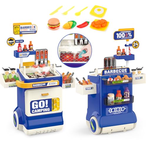 Children's BBQ Grill Toy, Kitchen Toy Set, Realistic Smoke BBQ Grill Play Set with Toy Kitchen Accessories, Cutting Toy, Sound Effects