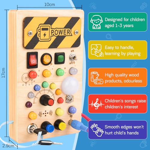 Busy Board Activity Board wooden toy with 8 switches 15 LED lights 6 music Sensory learning toy for babies