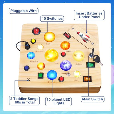 Busy Board toy, activity board wooden toy with 12 switches, 10 LED lights and toddler music motor activity toy for babies