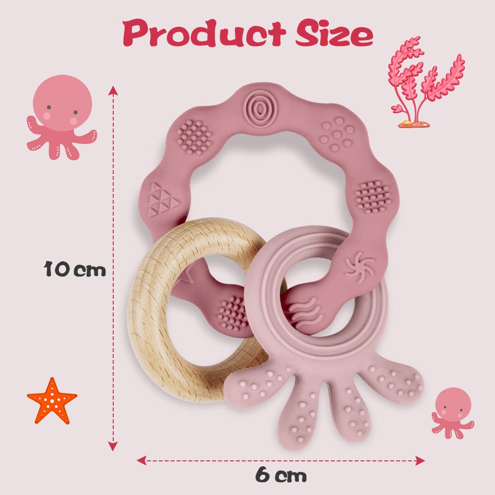 Teething ring for babies, teething ring toy made of silicone and wooden rings, baby teething aid BPA-free, pain-relieving teething nursing accessories