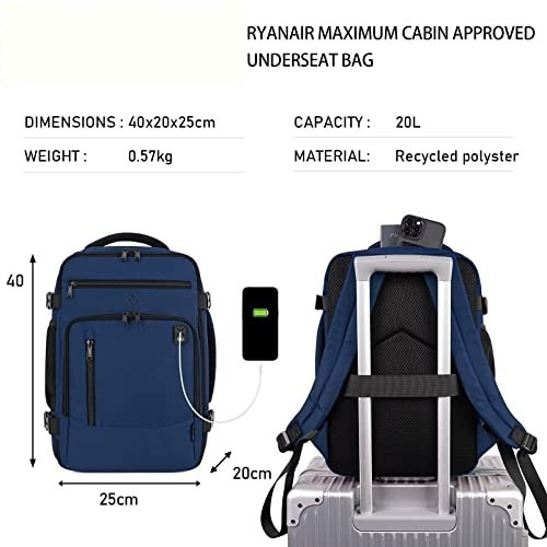 Backpack for Ryanair Aeroplane Travel Backpack Hand Luggage Laptop Daypacks PET Recycled Environmentally Friendly Backpack Waterproof Under Seat 20 L Small, Blue