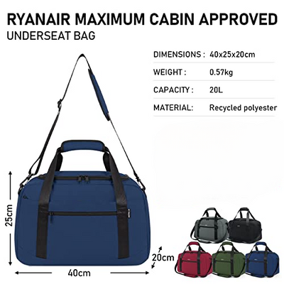 Hand Luggage 40 x 20 x 25 cm for Ryanair Travel Bag for Aeroplane Under Seat Hand Luggage Suitcase PET Recycled Environmentally Friendly Travel Bag Weekender Bag, blue