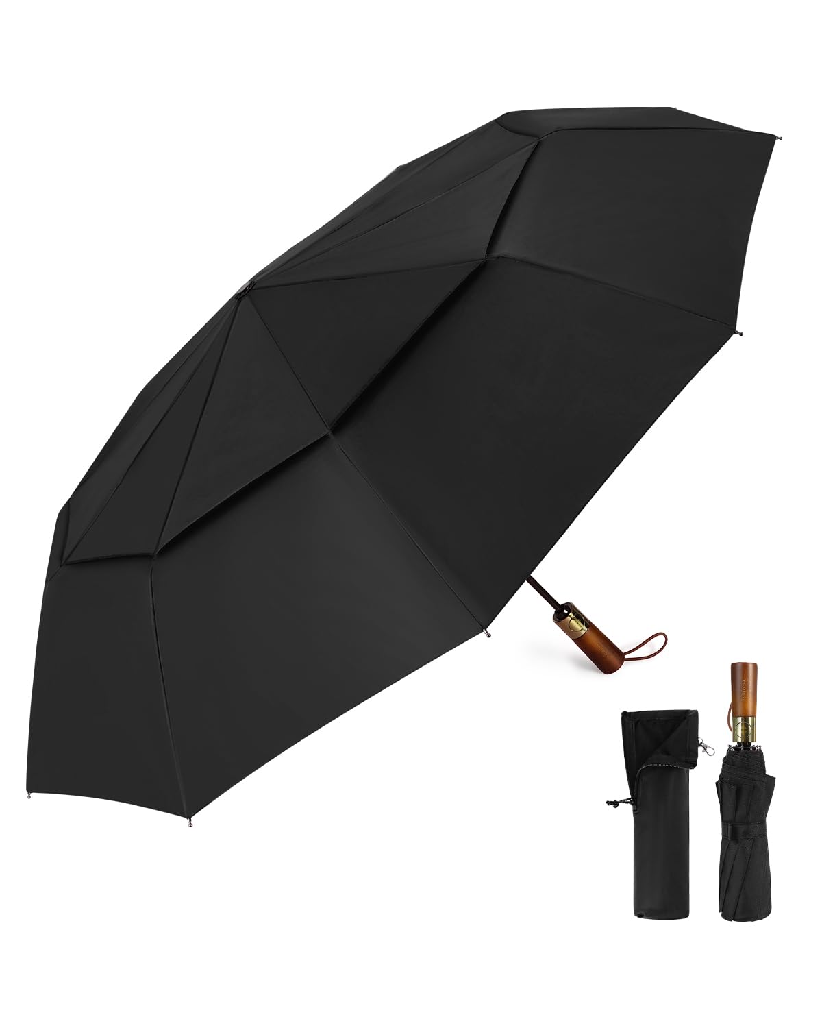 Automatic large stormproof umbrella, pocket umbrella with ventilated double canopy & wooden handle