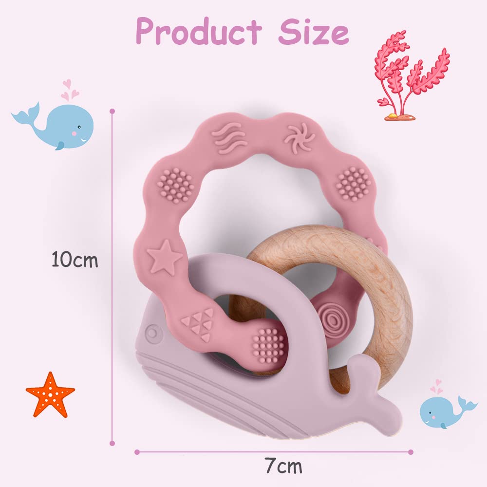 Teething ring for babies, teething ring toy made of silicone and wooden rings, baby teething aid BPA-free, pain-relieving teething nursing accessories