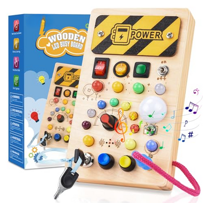 Busy Board Activity Board wooden toy with 8 switches 15 LED lights 6 music Sensory learning toy for babies