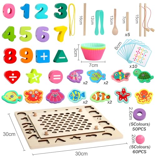 Wooden toy motor activity toy 6 in 1 magnet fishing game