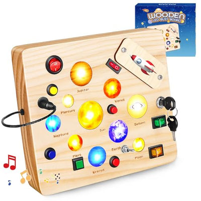 Busy Board toy, activity board wooden toy with 12 switches, 10 LED lights and toddler music motor activity toy for babies